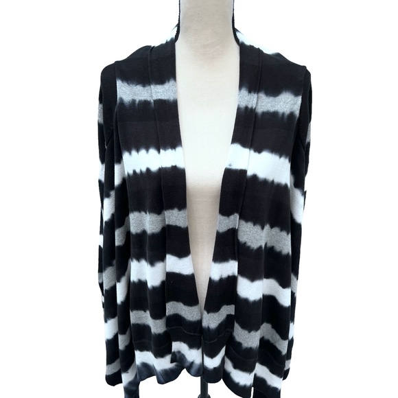 MICHAEL MICHAEL KORS BLACK, WHITE & GRAY STRIPED OPEN FRONT KNIT CARDIGAN - Picture 2 of 12